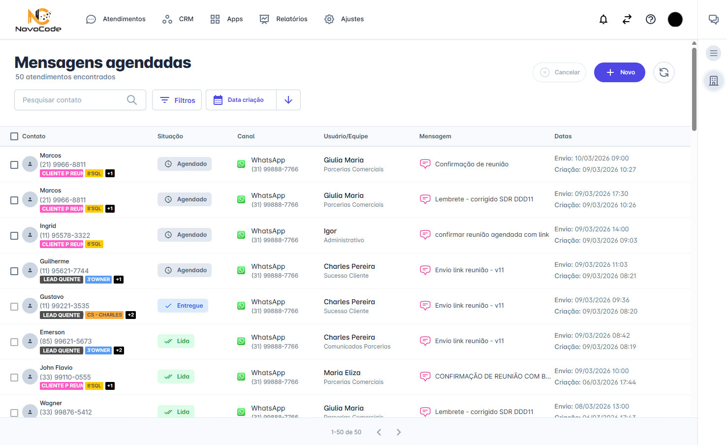Interface NovoCode: Inbox multicanal